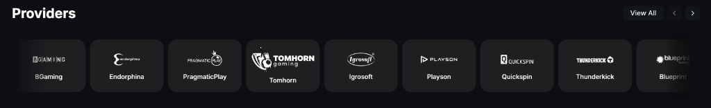 Game provider logos including BGaming, Endorphina, Pragmatic Play, Tomhorn, Igrosoft, Playson, Quickspin, Thunderkick and Blueprint