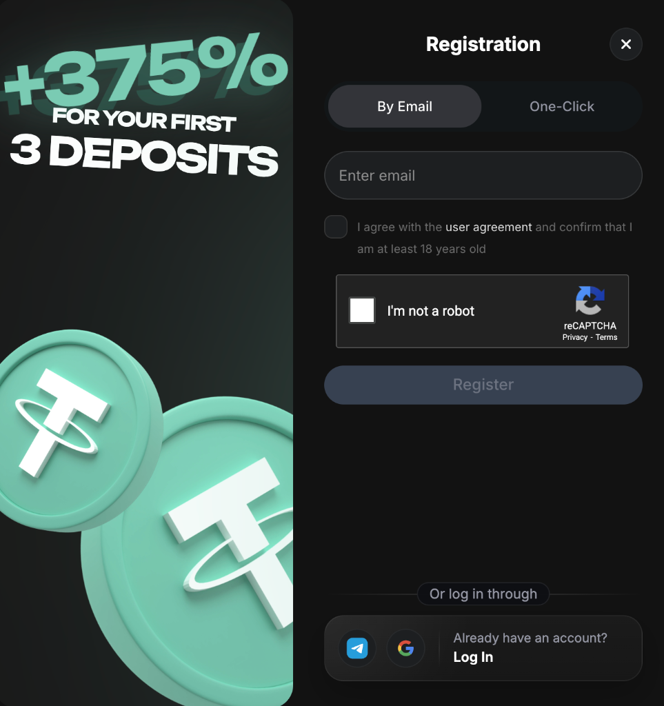 Registration form — sign up by email or one-click method